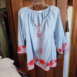 Crown & Ivy Light Blue Blouse with Red Embroidery